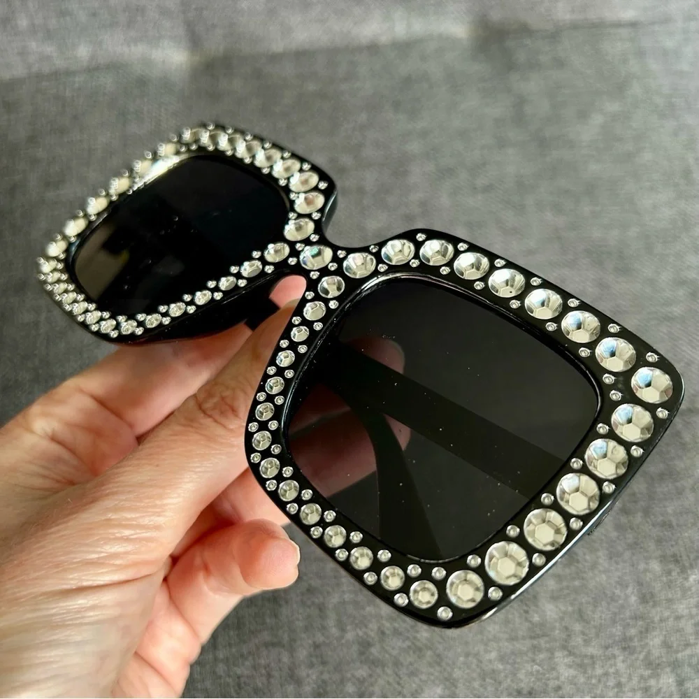 Sparkly, Fluted Rhinestone Rimmed Sunglasses, Black, Silver